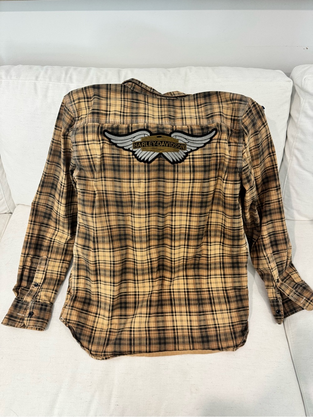 Harley-Davidson Men's Brown Tan Plaid Button-Down Shirt with Wing Patch